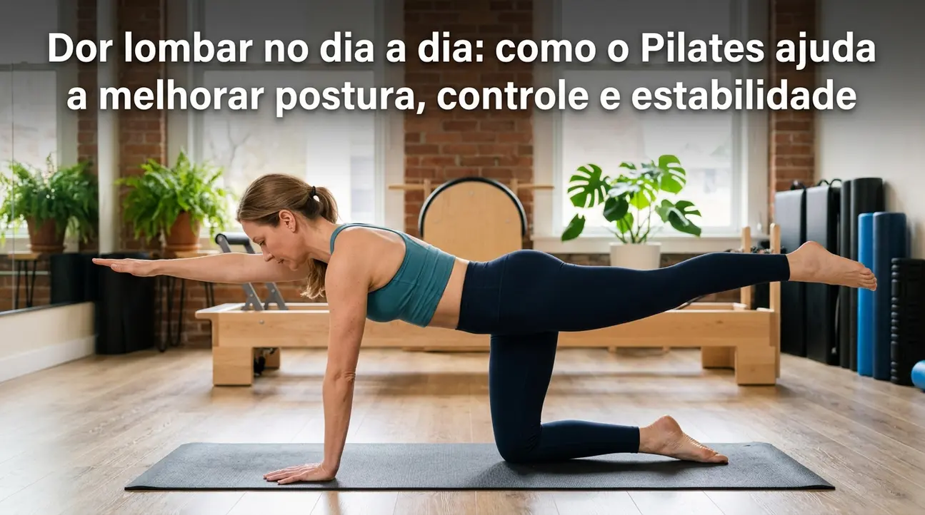Mulher praticando Pilates para dor lombar, melhorando a postura e a estabilidade da coluna